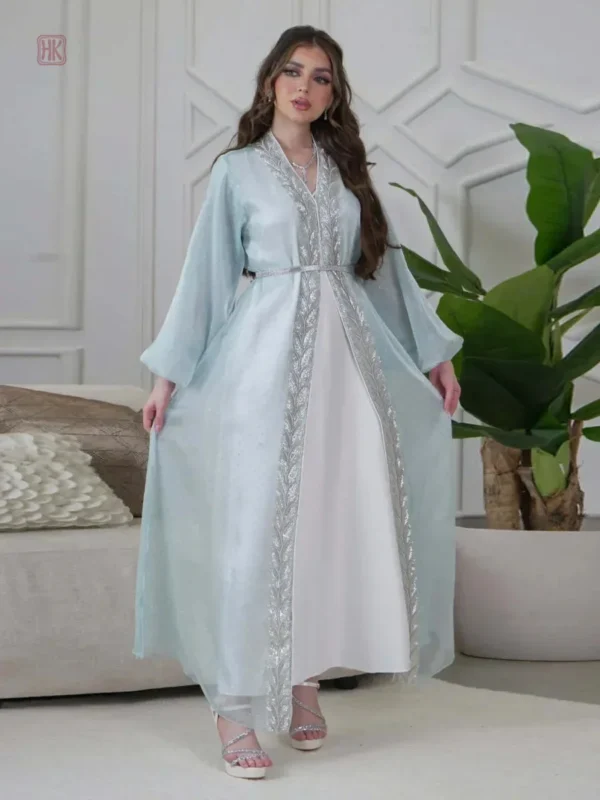 Abaya Kimono Bleu avec Manches Bouffantes