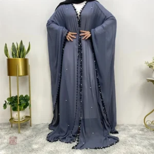 Kimono Abaya Mousseline Bleu à Perles