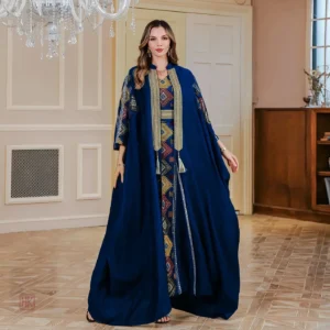 Kimono Abaya Navy Blue élégant avec robe assortie
