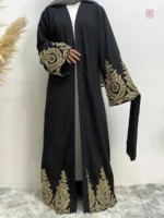 Kimono Abaya Noir et Doré en tissu fluide