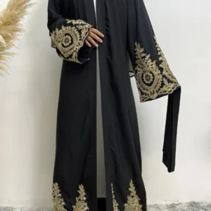 Kimono Abaya Noir et Doré en tissu fluide
