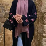 Kimono Abaya Noir et Rose élégant pour femmes