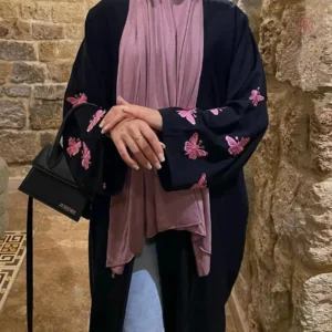 Kimono Abaya Noir et Rose élégant pour femmes