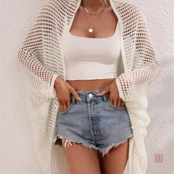 Veste légère en crochet, style bohème, couleur blanche