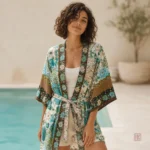 Kimono fleuri bleu pour femme, style bohème élégant