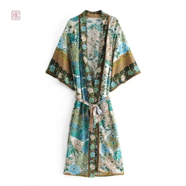 Veste kimono femme, design floral bleu tendance