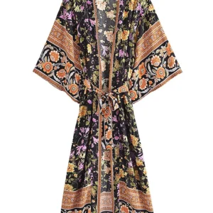 Kimono Floral Noir avec motifs bohèmes