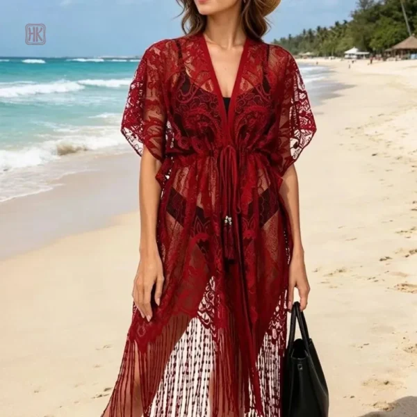 kimono-boheme-rouge-en-dentelles-a-franges-1 Kimono Bohème Rouge en Dentelles