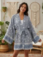 Kimono Fleuri Bleu Boho élégant pour femme