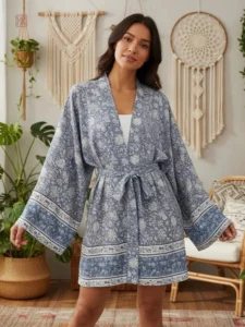 Kimono Fleuri Bleu Boho élégant pour femme