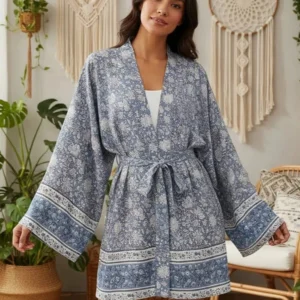 Kimono Fleuri Bleu Boho élégant pour femme