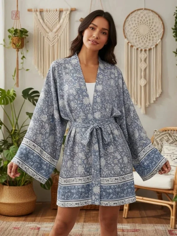 Kimono Fleuri Bleu Boho élégant pour femme