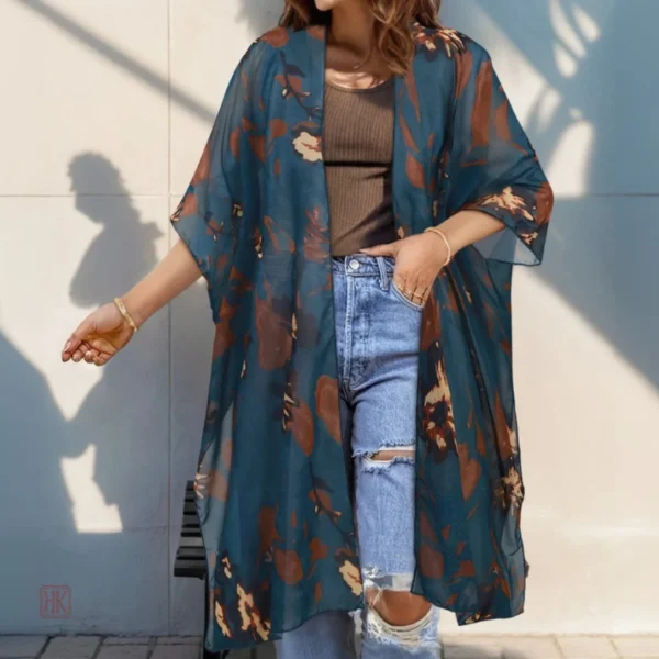 kimono-d-ete-bleu-boheme-1 Kimono d'été bleu en style bohème pour femme
