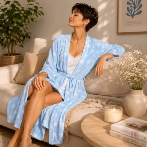 Peignoir Kimono léger en coton bleu, style nocturne