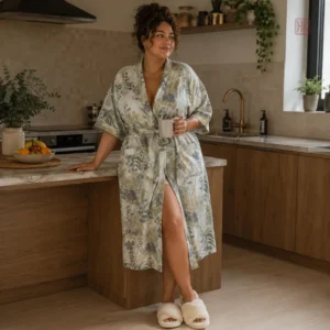 Kimono Nuit Coton Motif Feuilles Femme