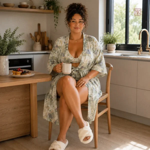 Peignoir Kimono Femme à motifs de feuilles en coton