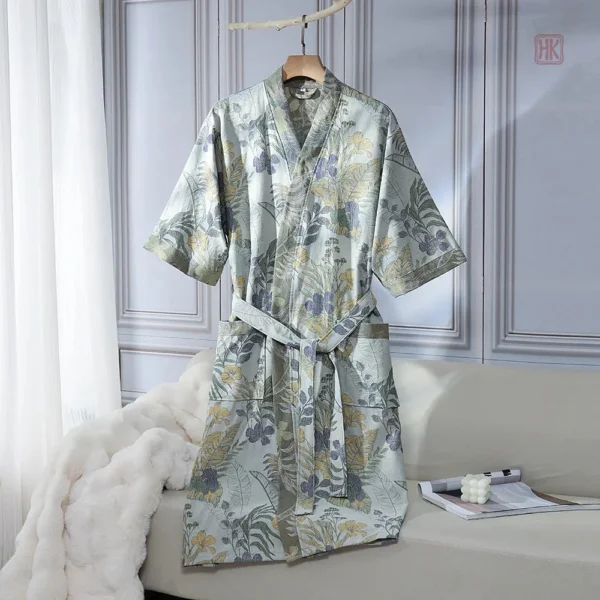 Kimono léger en coton avec design de feuilles pour femme