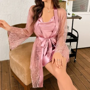 Kimono de Nuit Rose Dentelles Sexy pour femme