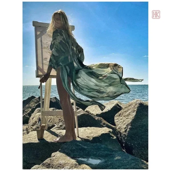 Robe Kimono à Fentes en Mousseline Verte