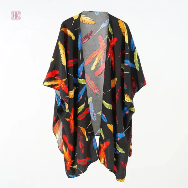 Veste kimono à motifs de plumes, idéale pour l'été