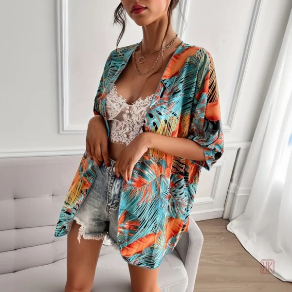 kimono-de-plage-bleu-et-orange-1 Kimono de plage bleu et orange pour femme