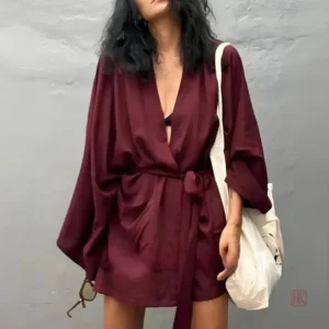 Kimono de plage fluide bordeaux pour femme