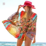 Kimono de plage court à motifs fleurs pour femme