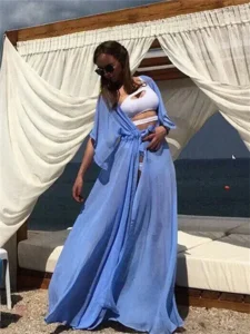Kimono de plage bleu long pour femme en été
