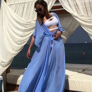 Kimono de plage bleu long pour femme en été