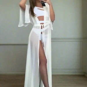 Kimono de plage blanc à manches courtes pour femme