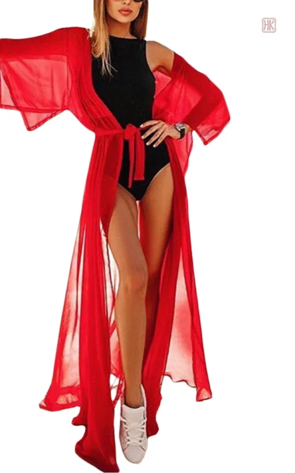 Kimono léger rouge, idéal pour les journées d'été à la plage