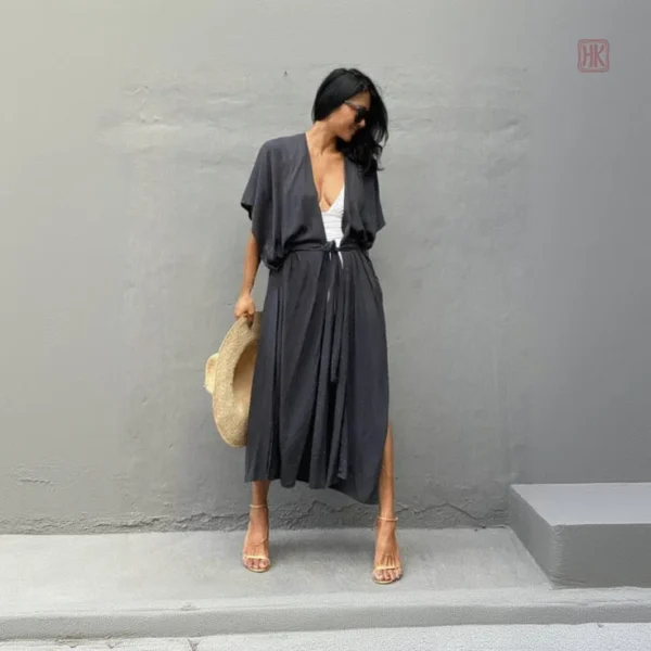 kimono-de-plage-gris-fonce-1 Kimono de plage gris foncé pour femme