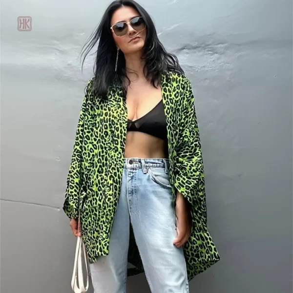 Veste kimono femme au motif léopard vert, style estival