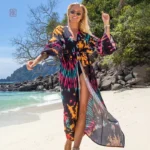 Kimono de Plage Noir avec Motifs Colorés pour Femme