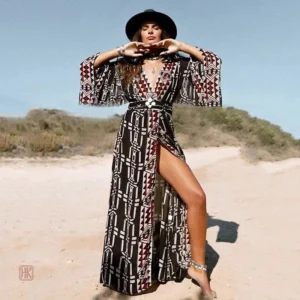 Kimono de plage noir ceinturé pour femme