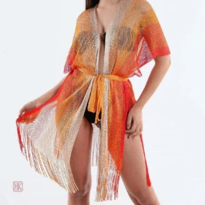 Kimono de plage orange à franges pour femme