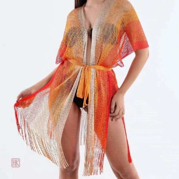 kimono-de-plage-orange-a-franges-1 Kimono de plage orange à franges pour femme