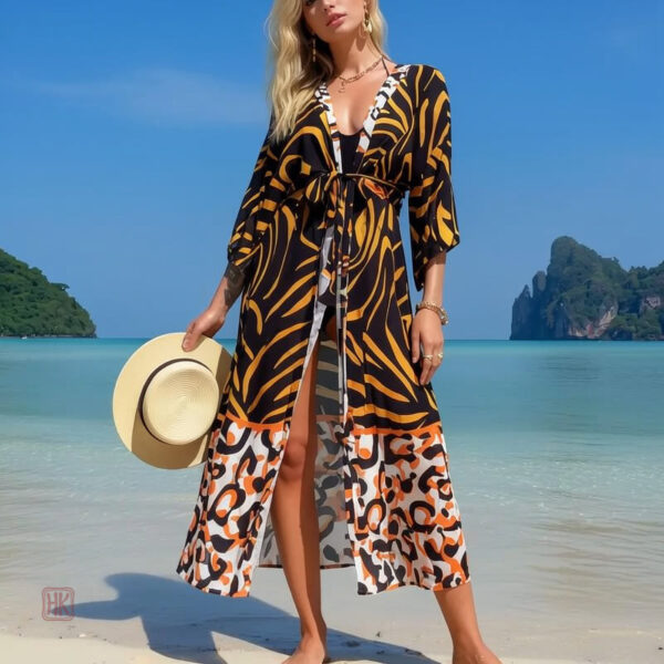 kimono-de-plage-orange-et-noir-1 Kimono de plage orange et noir