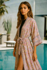 Kimono plage rose fleuri