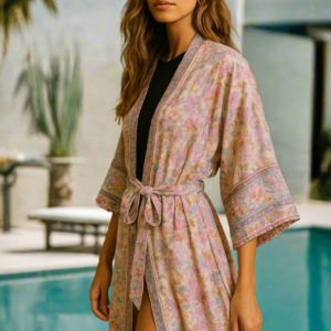 Kimono plage rose fleuri