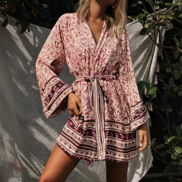 kimono-de-plage-style-boho-a-fleurs-1 Kimono de plage boho à fleurs, élégant et léger