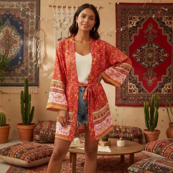 Kimono de plage court rouge