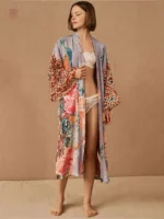 Kimono de plage vintage fleuri violet