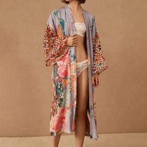 Kimono de plage vintage fleuri violet