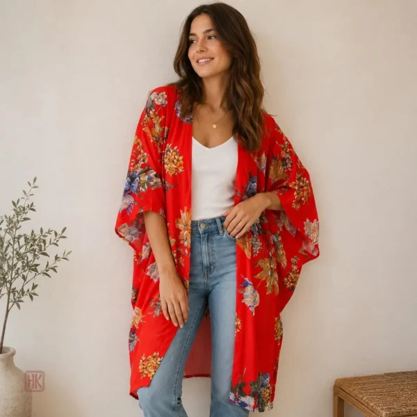 kimono-fleuri-ample-rouge-floral-1 Kimono Fleuri Rouge pour femme, ample et élégant