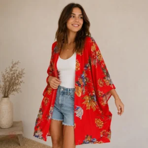 Veste kimono floral rouge, style ample et décontracté