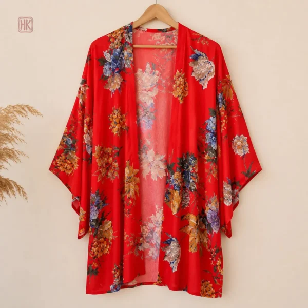 Kimono femme à motifs floraux rouges, parfait pour l'été