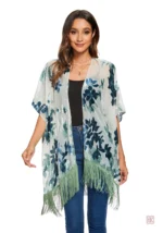 Kimono fleuri bleu avec franges pour femme