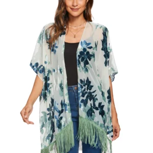 Kimono fleuri bleu avec franges pour femme