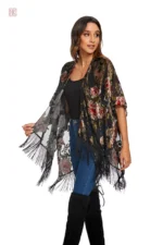 Kimono fleuri léger avec franges pour femme